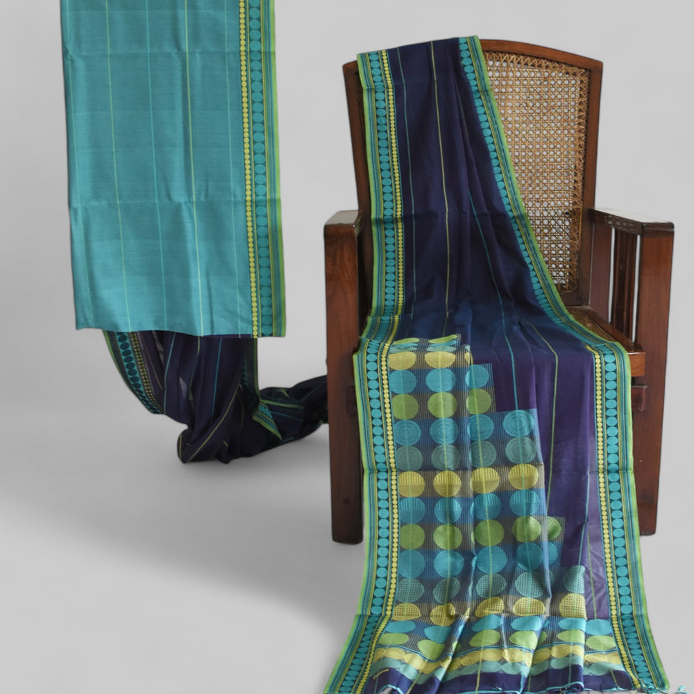 Indigo Blue - Stacked Spheres Organic Cotton Saree