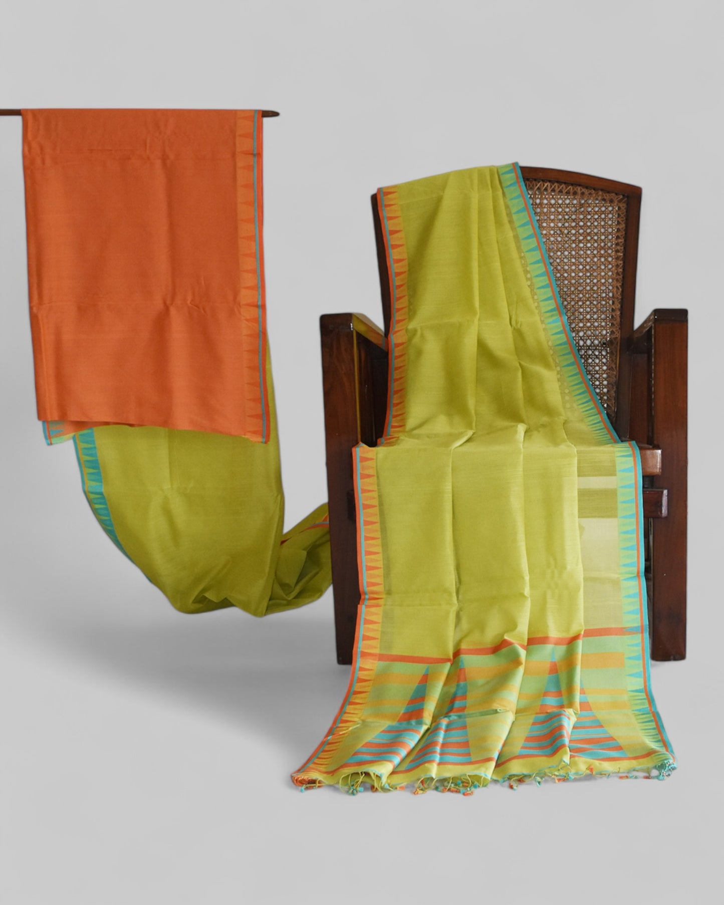 Lime Green - Temple Motif Organic Cotton Saree