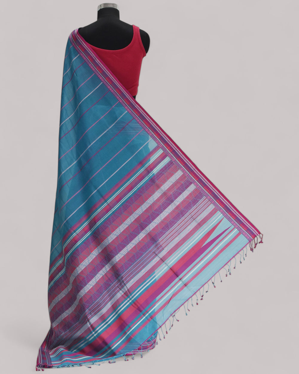 Cyan Blue - Zig Zag Motif Organic Cotton Saree