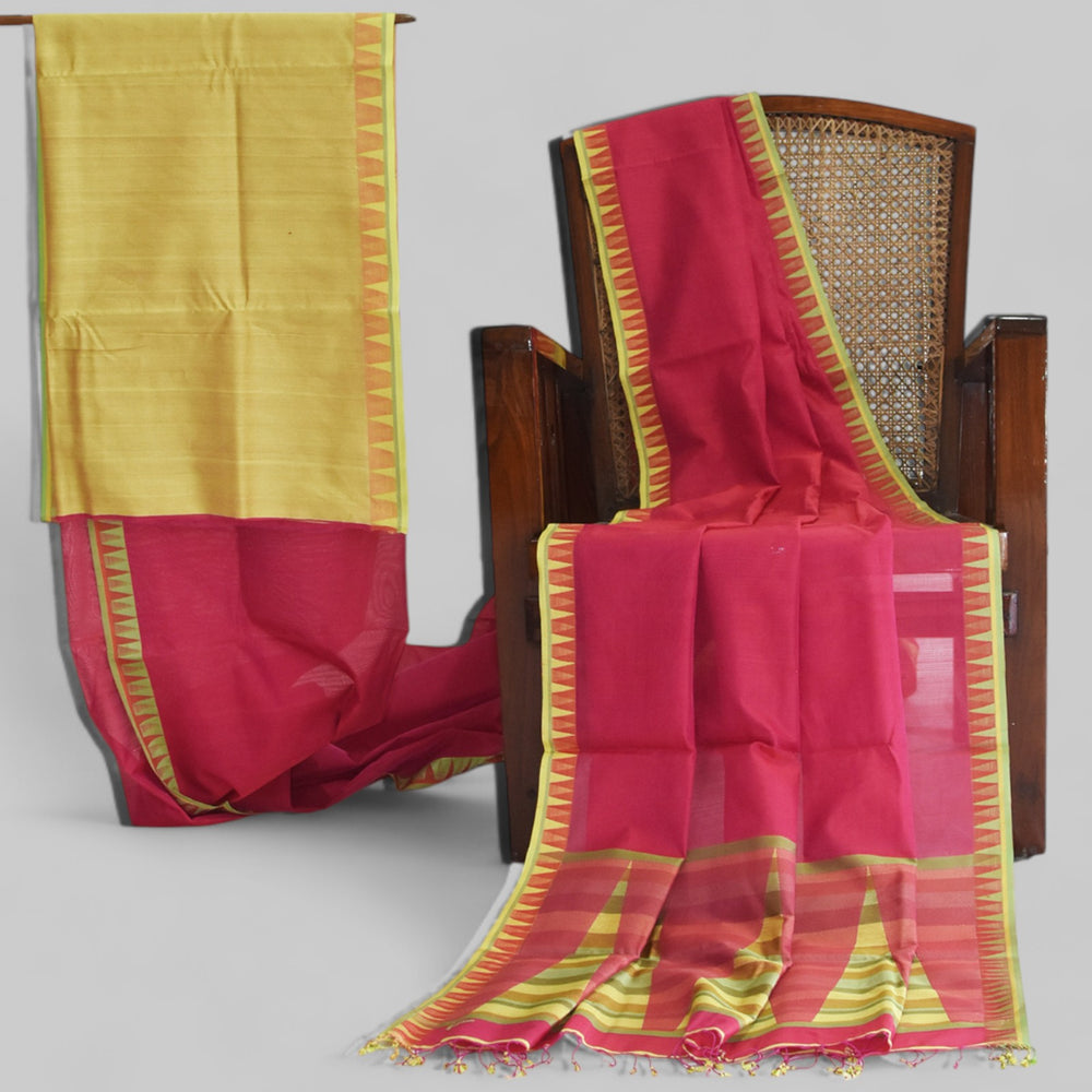 Red - Temple Motif Organic Cotton Saree