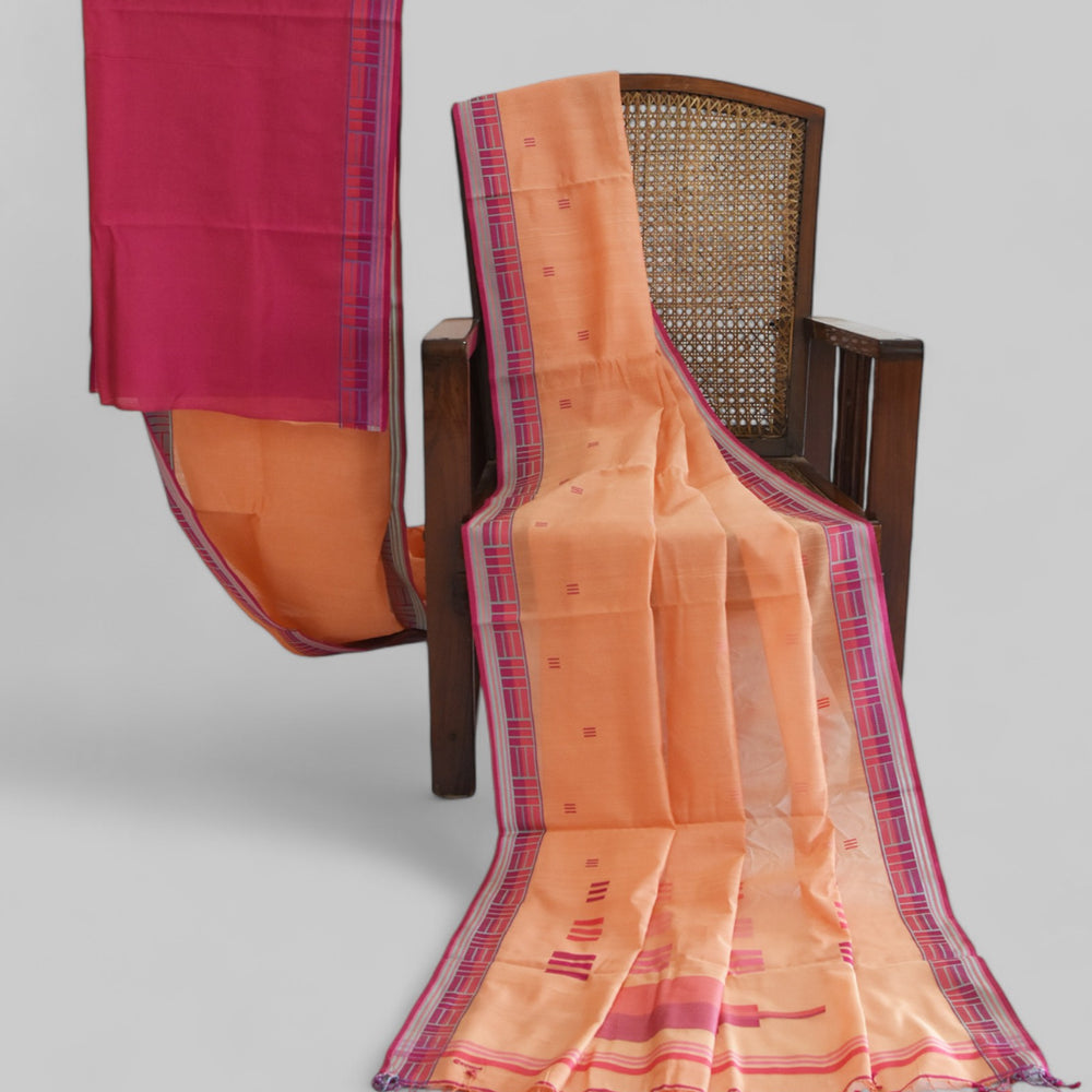 Peach - Regal Rectangle Motif Organic Saree