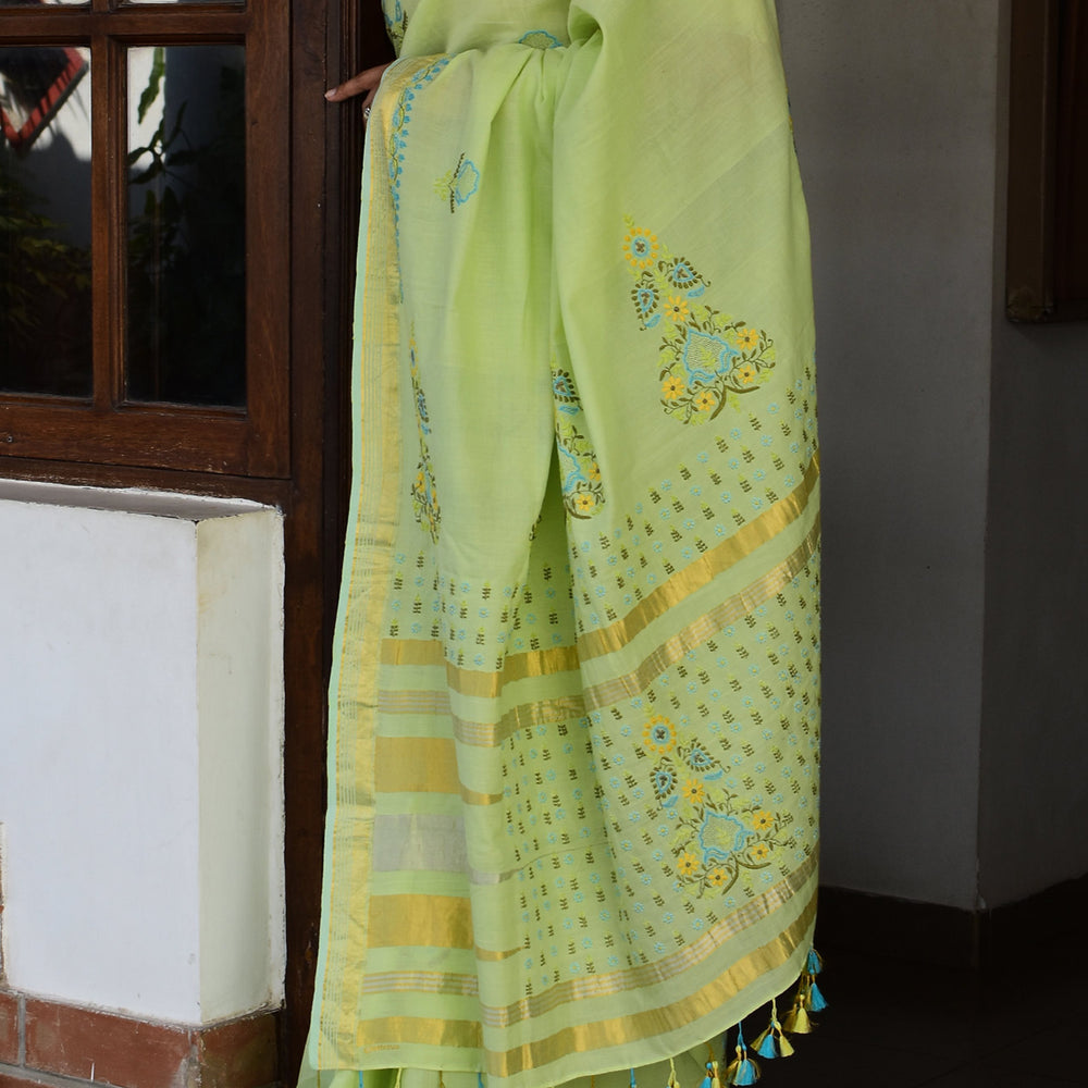 Pista Green - Hand Embroidered Organic Cotton Saree