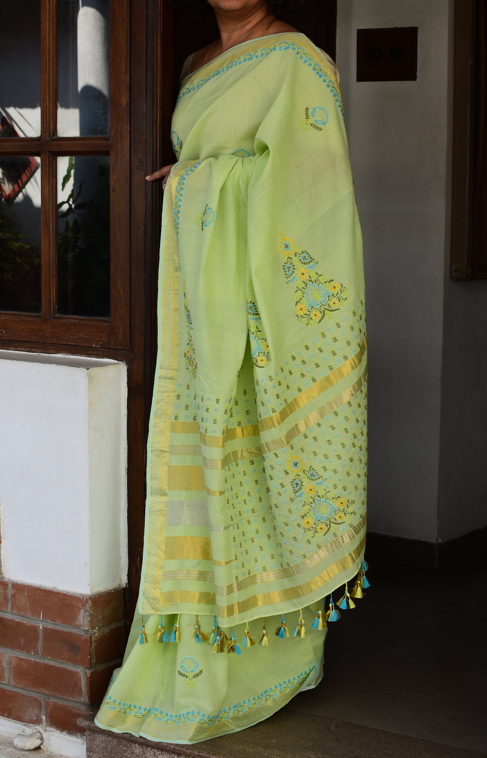 Pista Green - Hand Embroidered Organic Cotton Saree