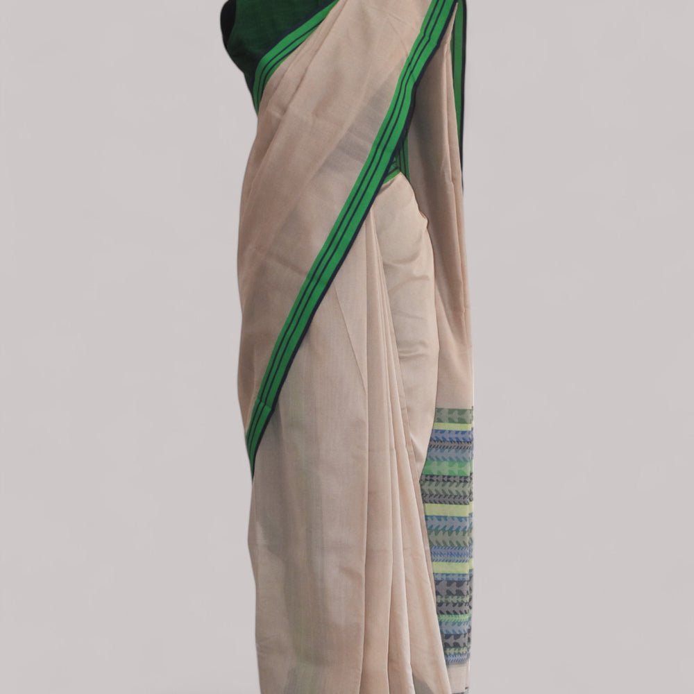 Beige - Tulip Motif Organic Cotton Saree