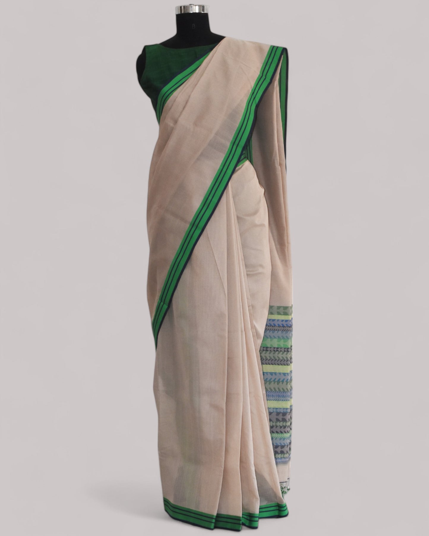 Beige - Tulip Motif Organic Cotton Saree