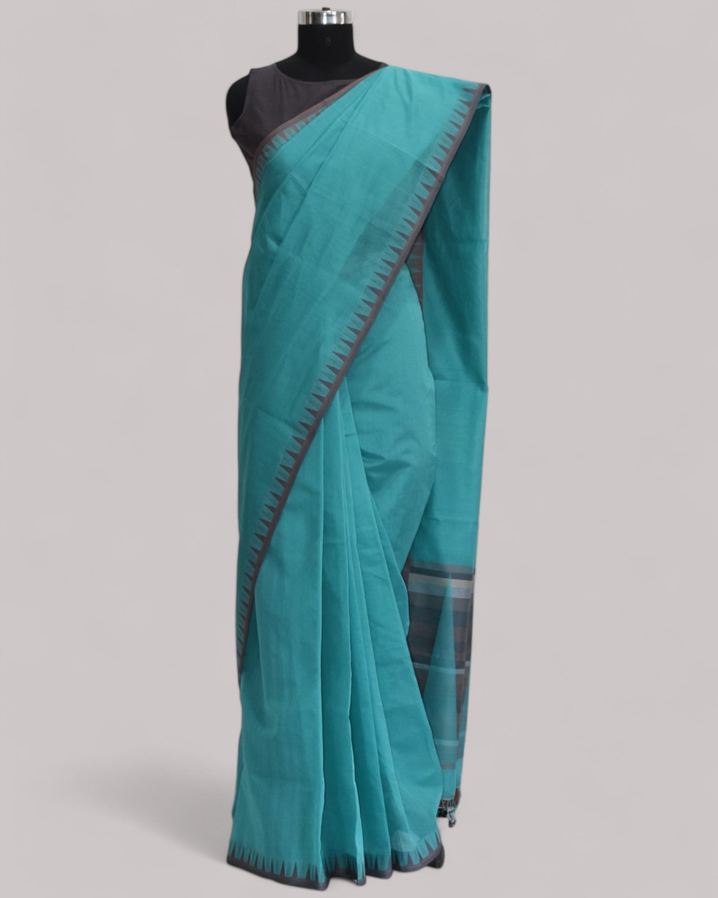 Cool Blue - Temple Motif Organic Cotton Saree