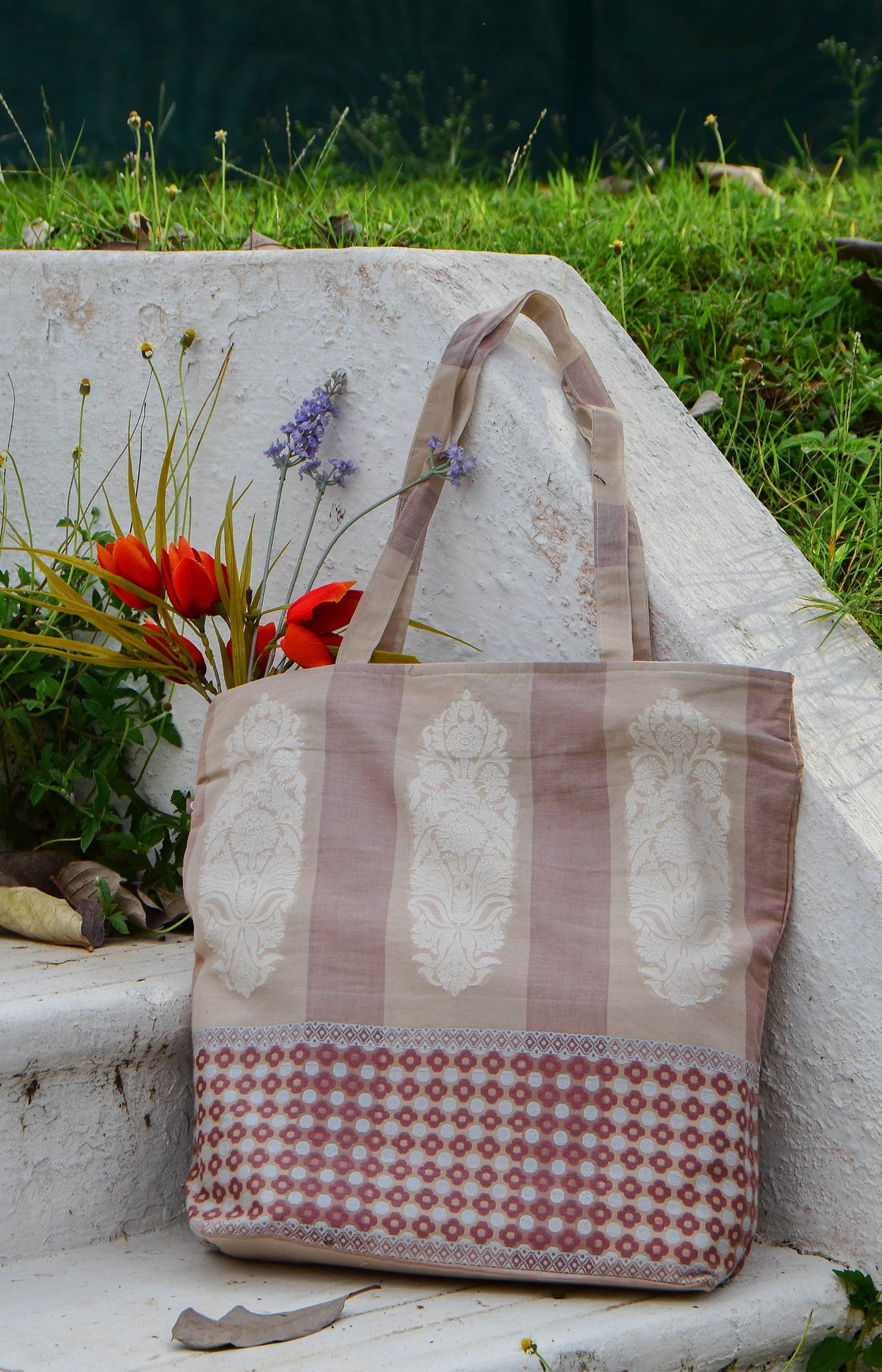 Brown - Floral Organic Cotton Tote Bag