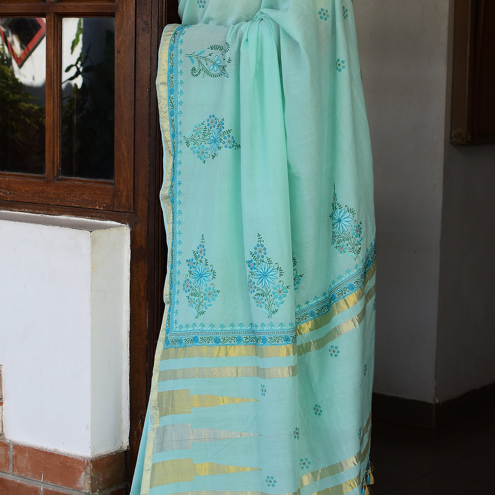 Sea Blue - Hand Embroidered Organic Cotton Saree