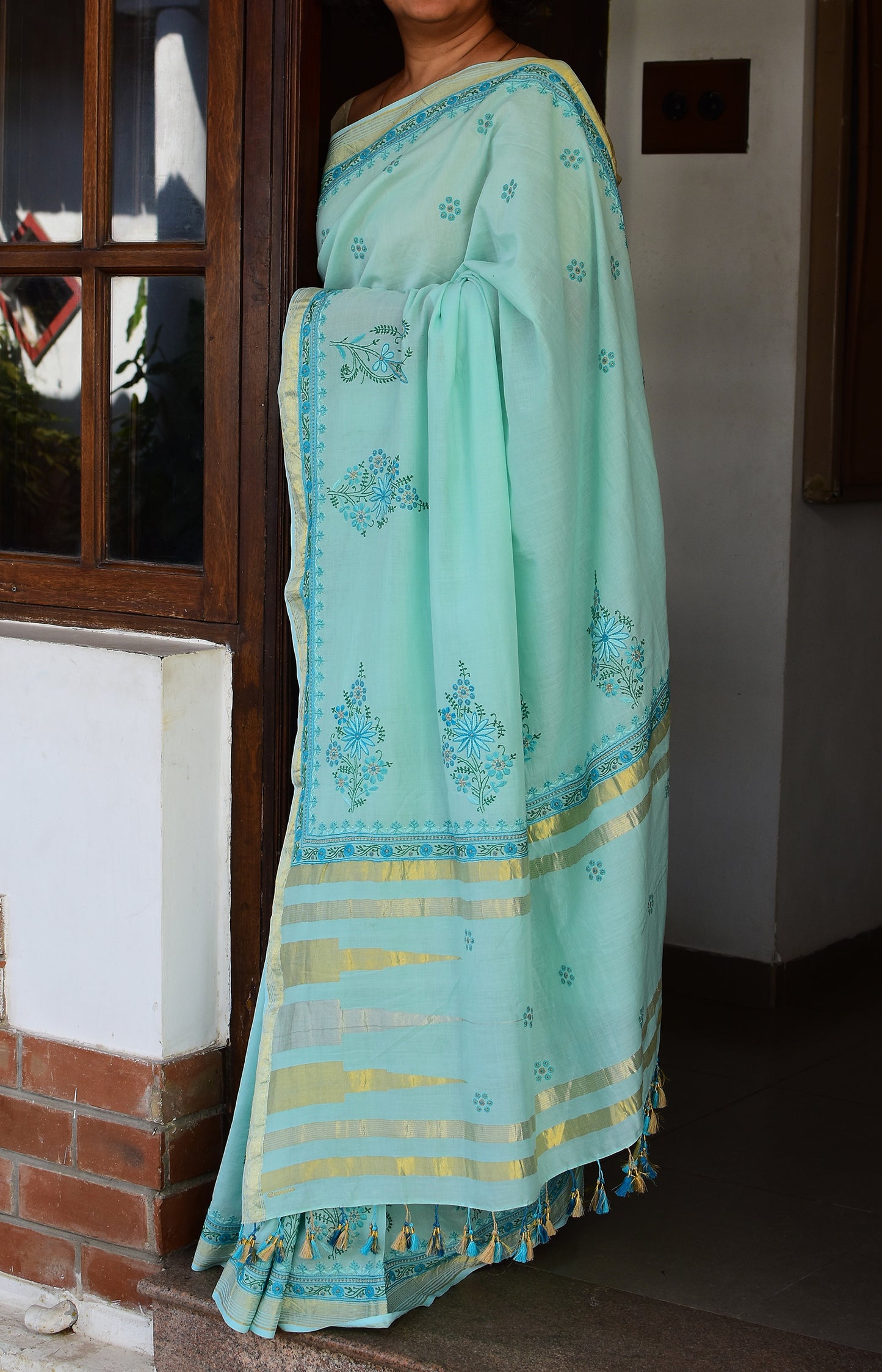 Sea Blue - Hand Embroidered Organic Cotton Saree