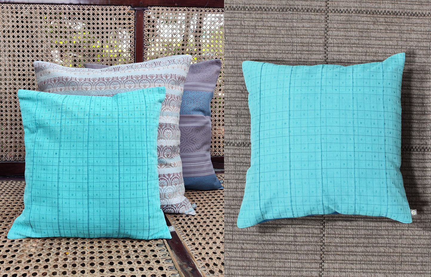 Blue - Checks with Pintucks Organic Cotton Cushion Cover 7