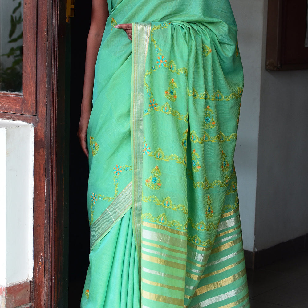 Sea Blue - Hand Embroidered Organic Cotton Saree