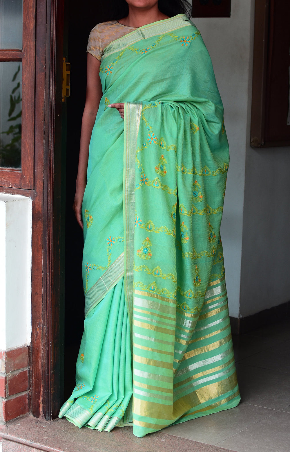 Sea Blue - Hand Embroidered Organic Cotton Saree