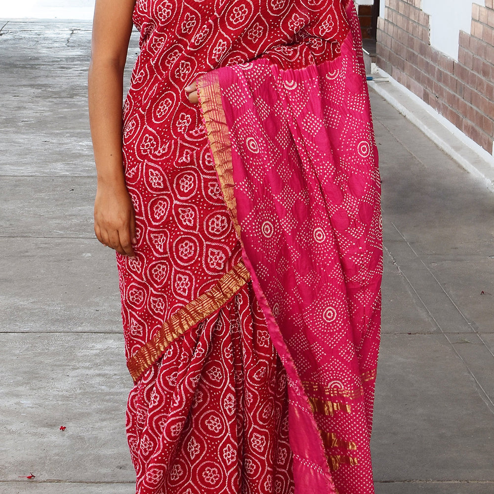 Red - Tie and Dye Bandhani Organic Cotton Saree