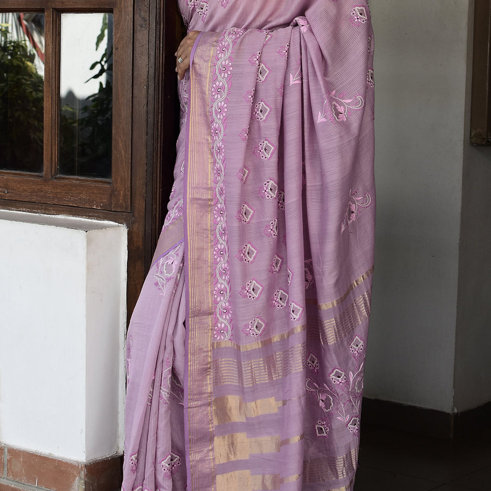 Lavender - Hand Embroidered Organic Cotton Saree