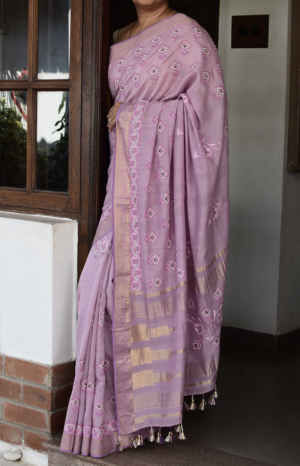 Lavender - Hand Embroidered Organic Cotton Saree