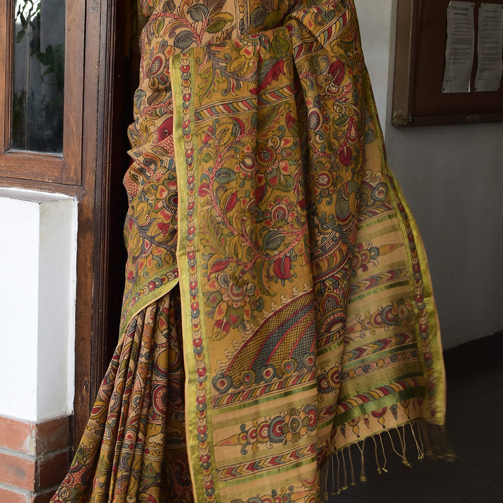 Yellow & Madder - Peacock pallu Kalamkari Organic Cotton Saree