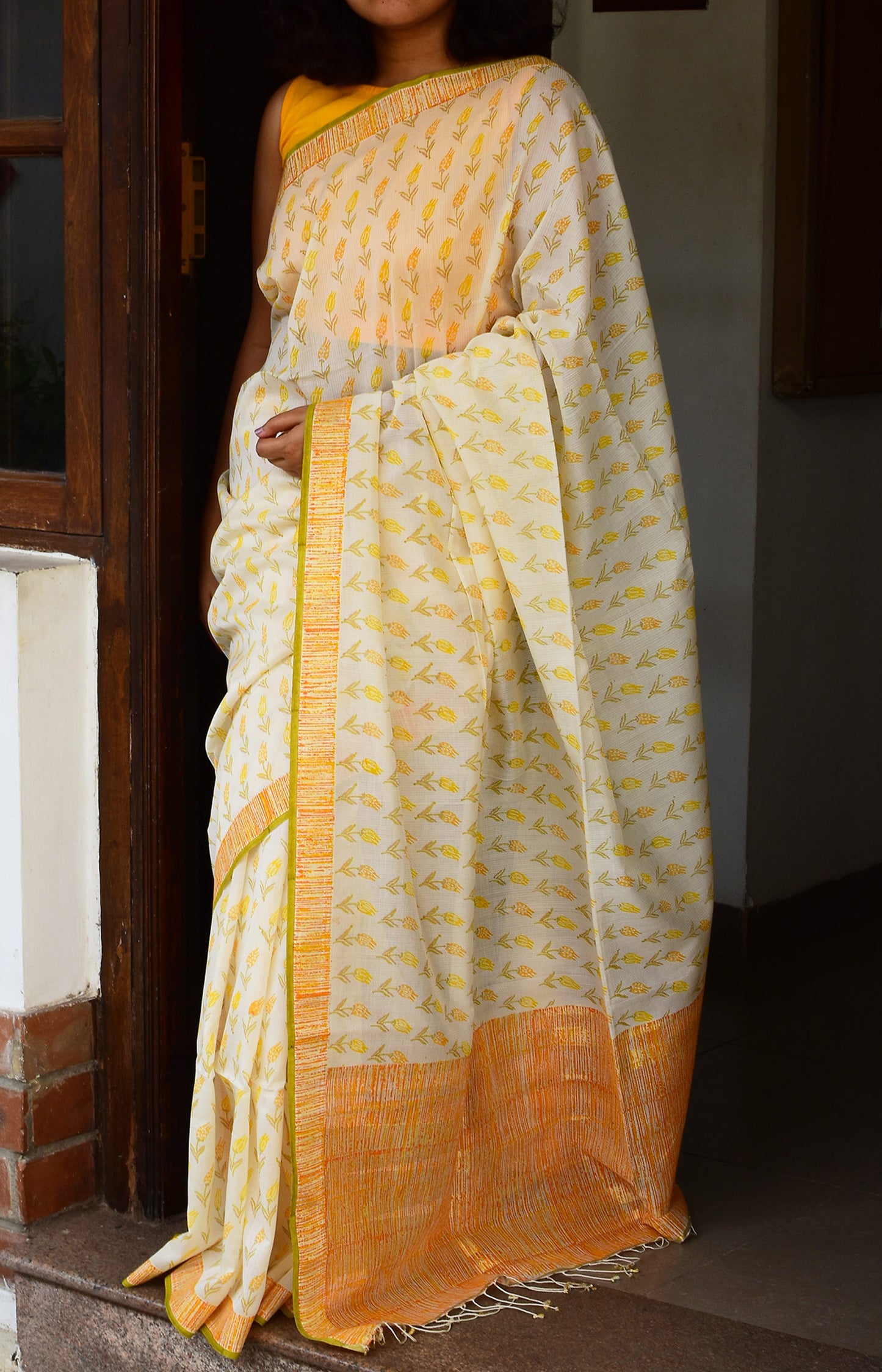 White & Yellow - Screen Printed Organic Cotton Saree