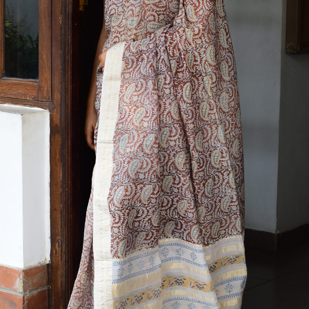 Brown - Block Printed Organic Cotton Saree