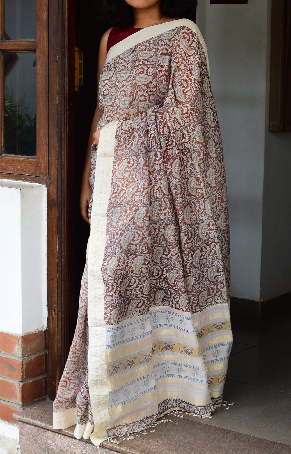 Brown - Block Printed Organic Cotton Saree