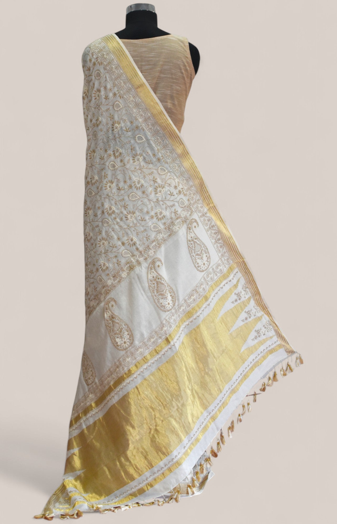 Off White - Hand Embroidered Organic Cotton Saree