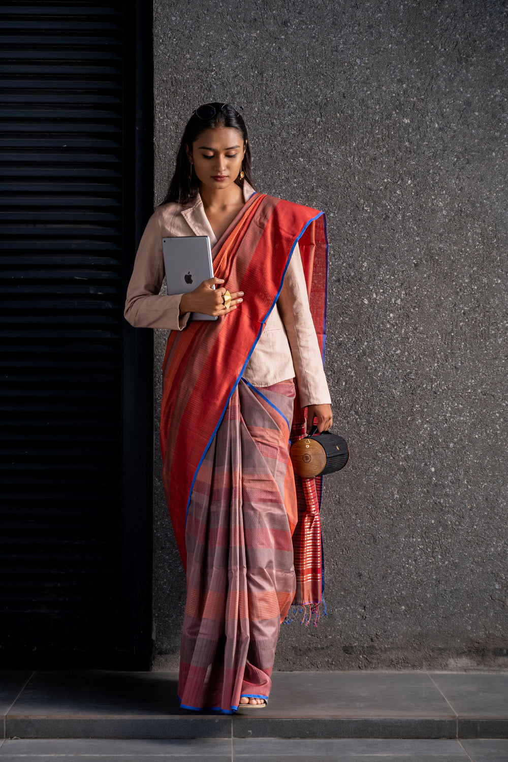 Rust - Stitch Texture Organic Cotton Saree