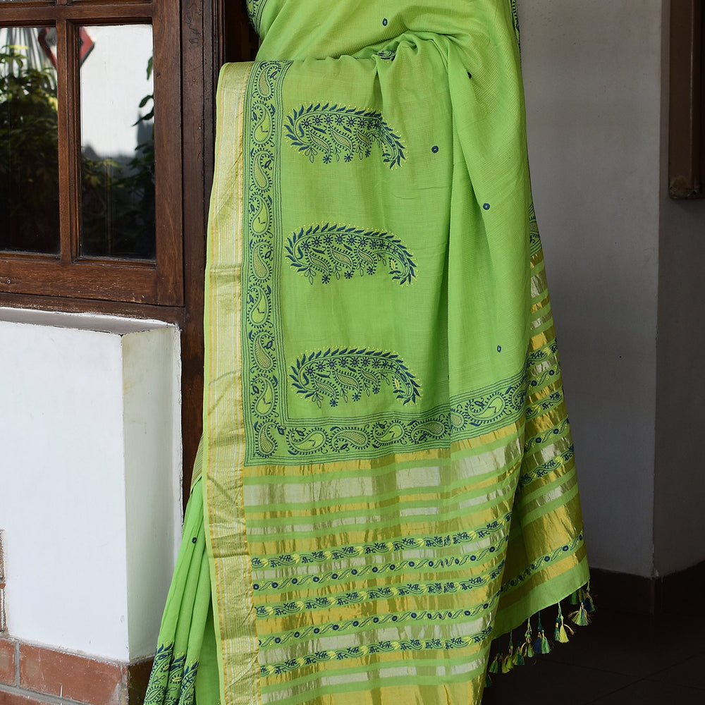 Parrot Green - Hand Embroidered Organic Cotton Saree