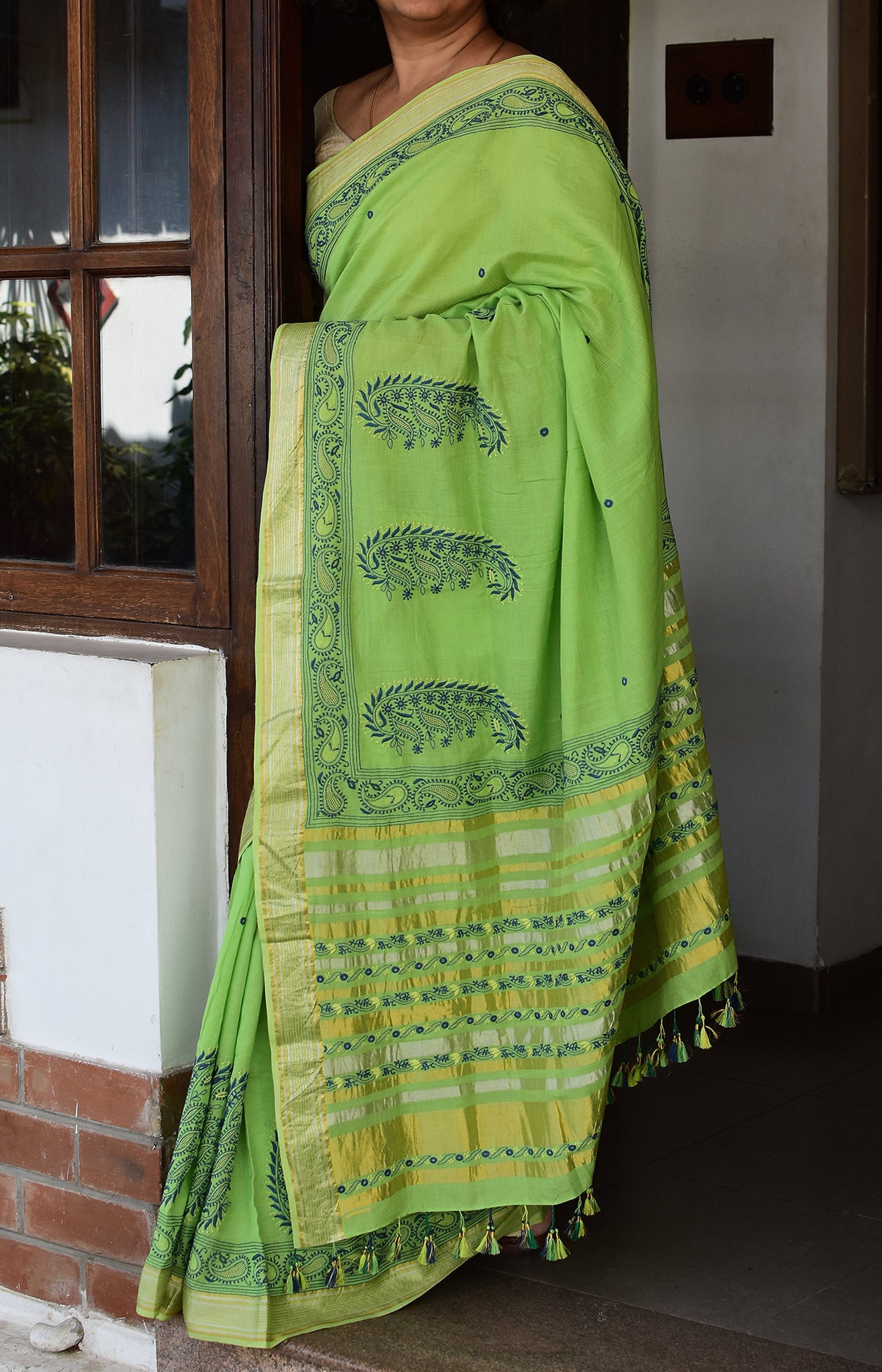 Parrot Green - Hand Embroidered Organic Cotton Saree