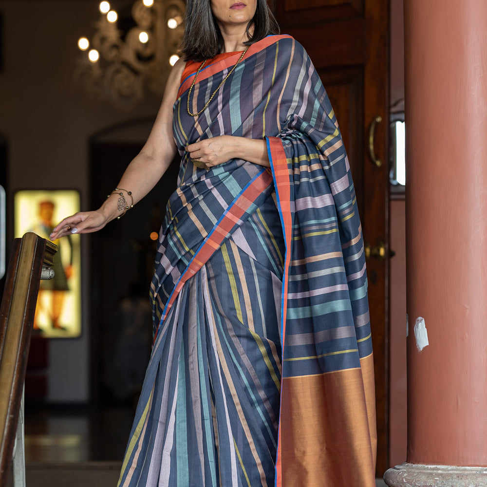 Charcoal Blue - Striped Quilt Organic Cotton Saree