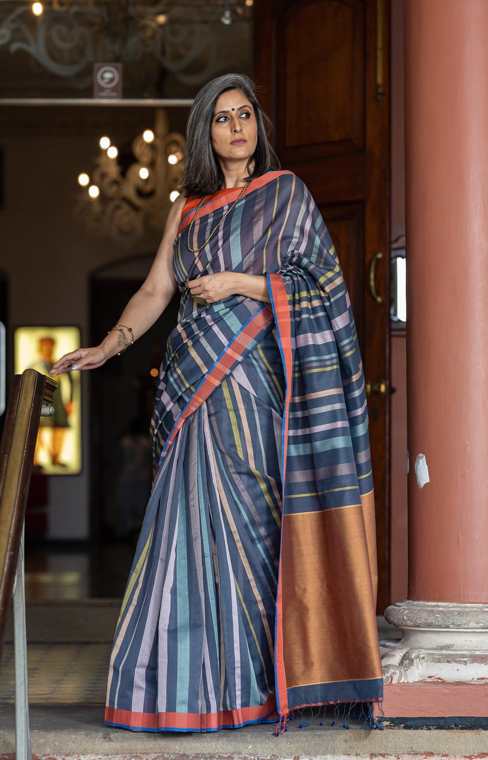 Charcoal Blue - Striped Quilt Organic Cotton Saree