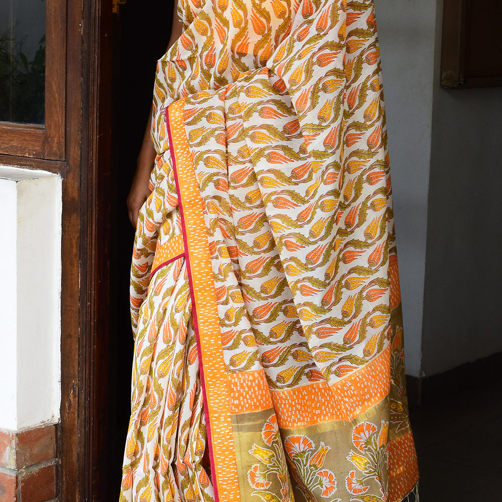 White & Yellow - Screen Printed Organic Cotton Saree