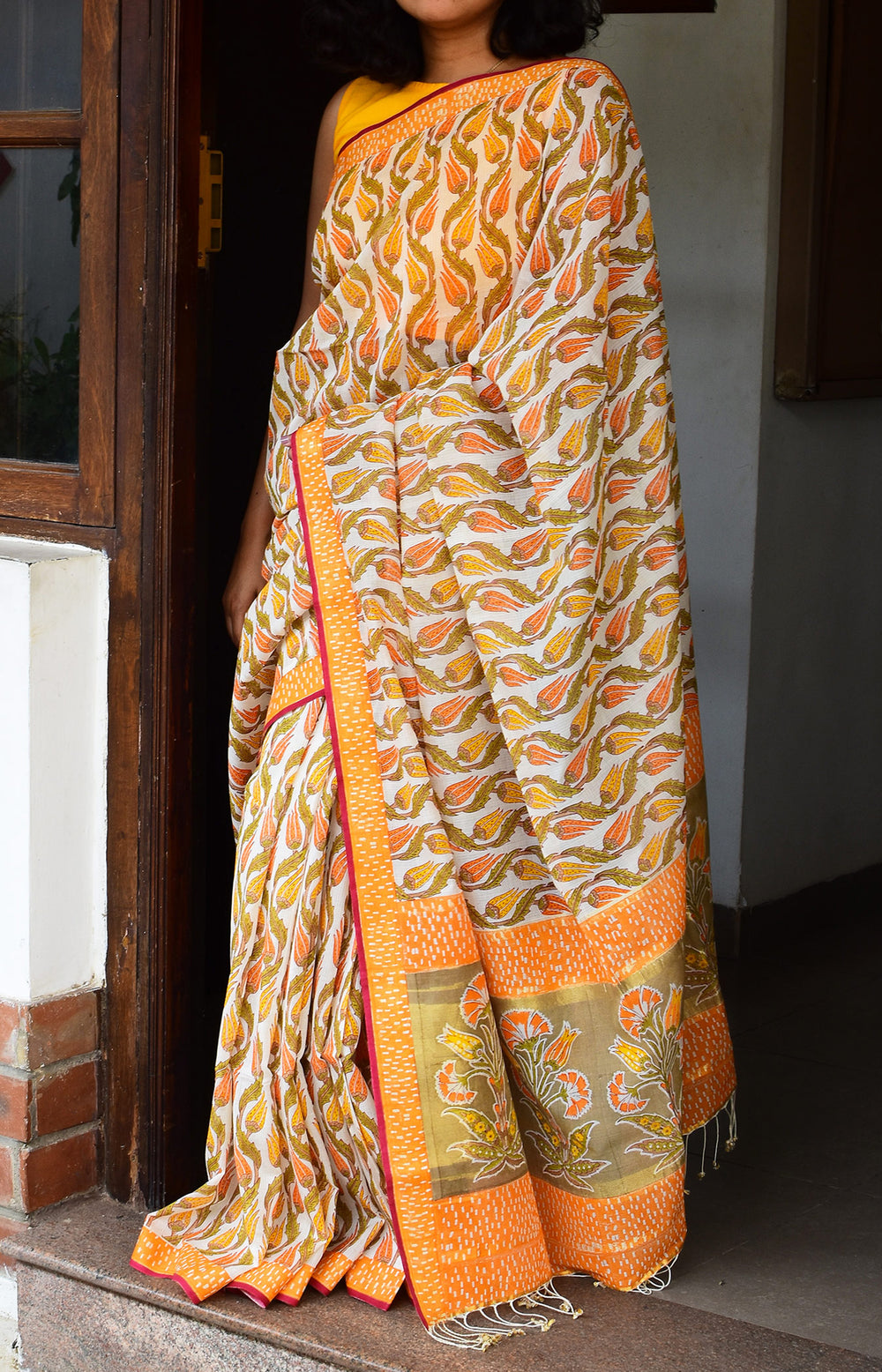 White & Yellow - Screen Printed Organic Cotton Saree