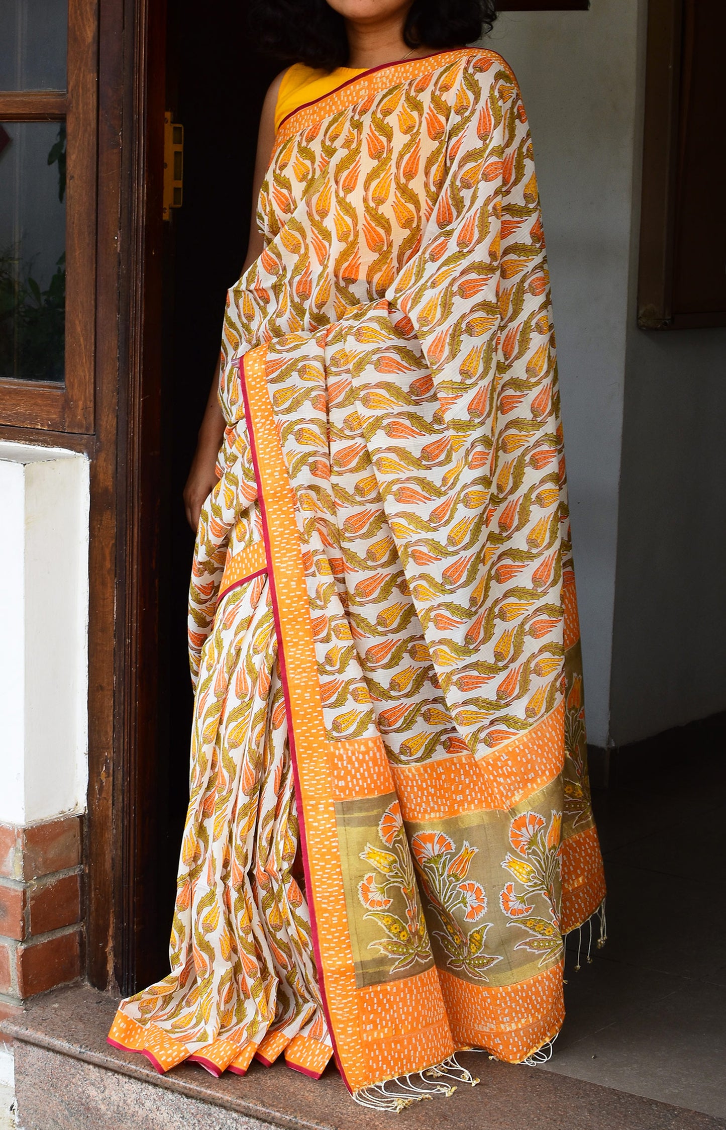 White & Yellow - Screen Printed Organic Cotton Saree