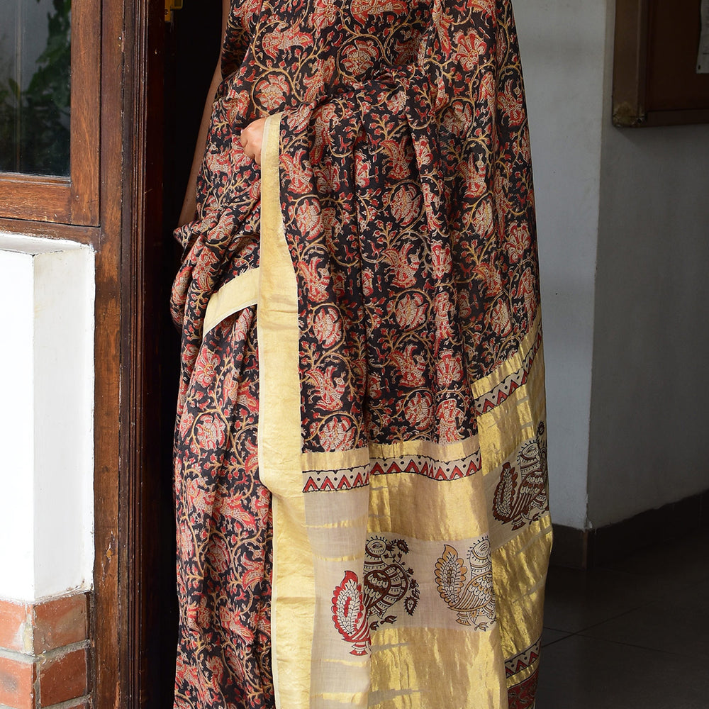 Black - Block Printed Organic Cotton Saree