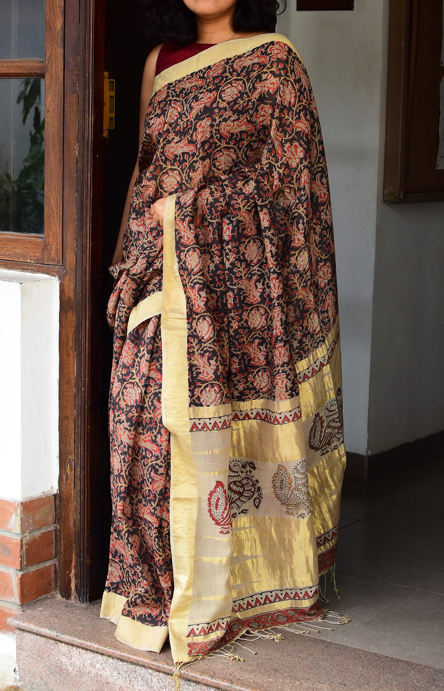 Black - Block Printed Organic Cotton Saree