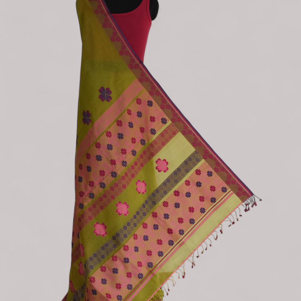 Olive Green - Clover Motif Organic Cotton Saree