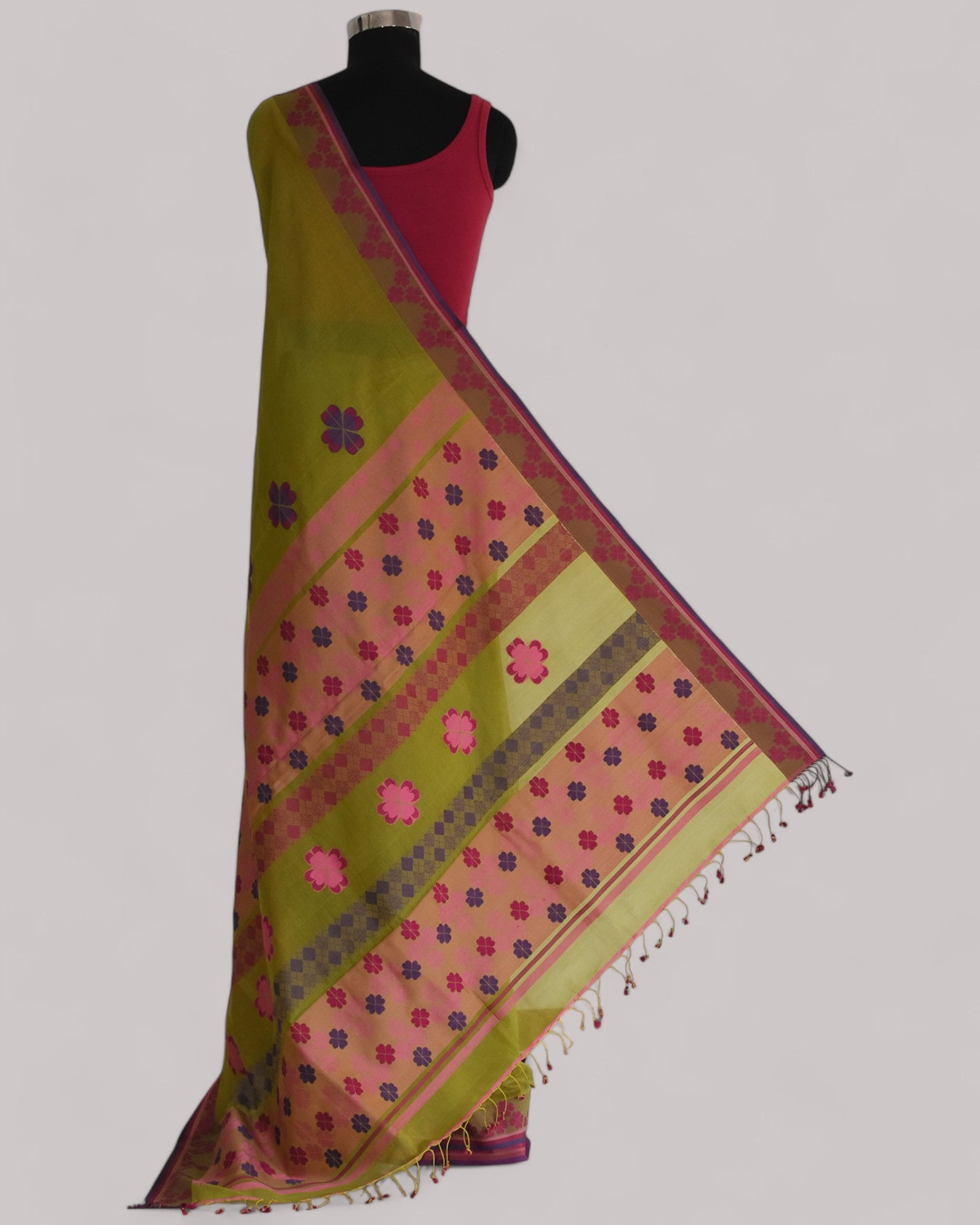 Olive Green - Clover Motif Organic Cotton Saree