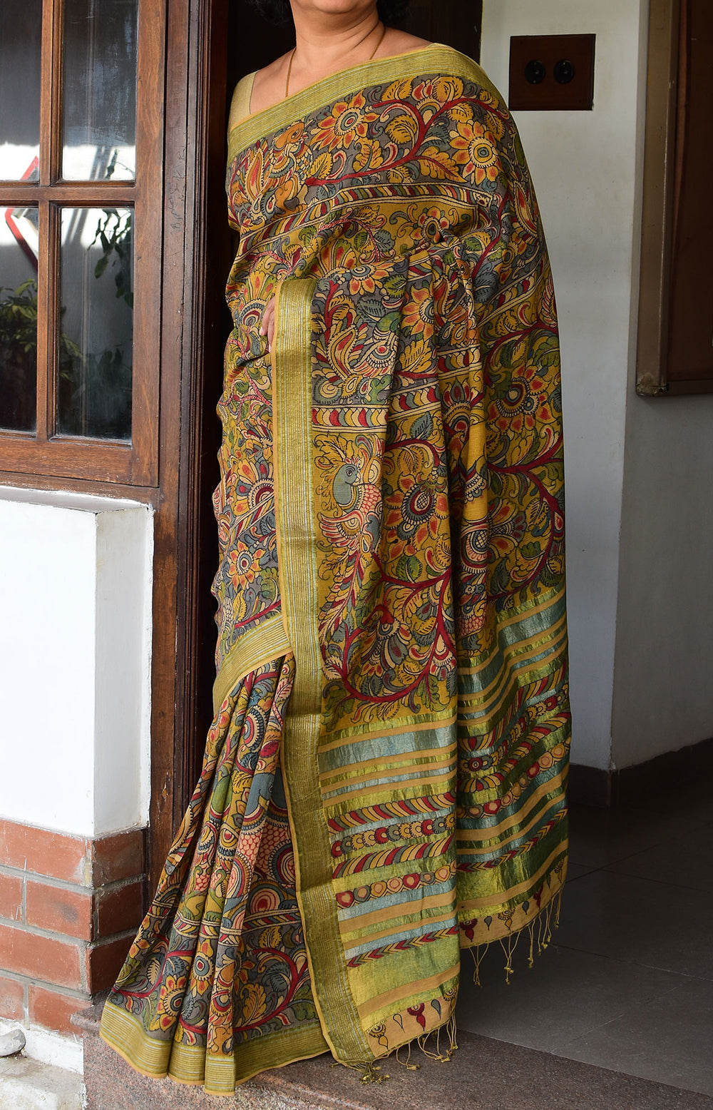 Yellow & Madder - Peacock Body Kalamkari Organic Cotton Saree