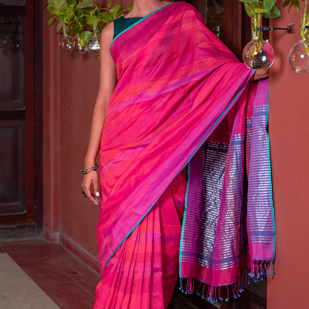 Pink- Stitch Texture Organic Cotton Saree