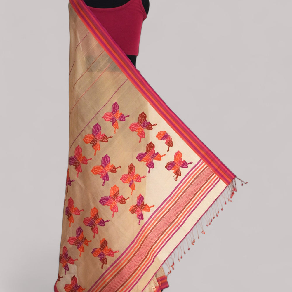 Beige - Butterfly Motif Organic Cotton Saree