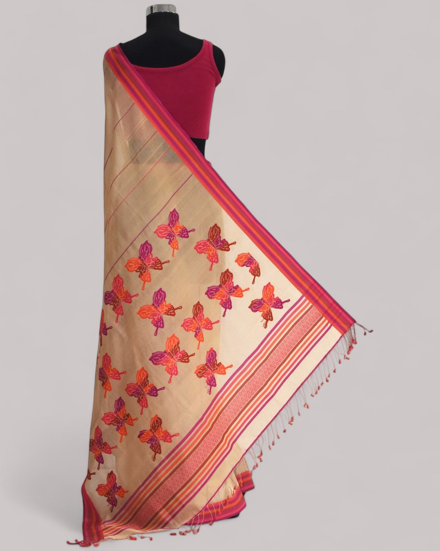 Beige - Butterfly Motif Organic Cotton Saree