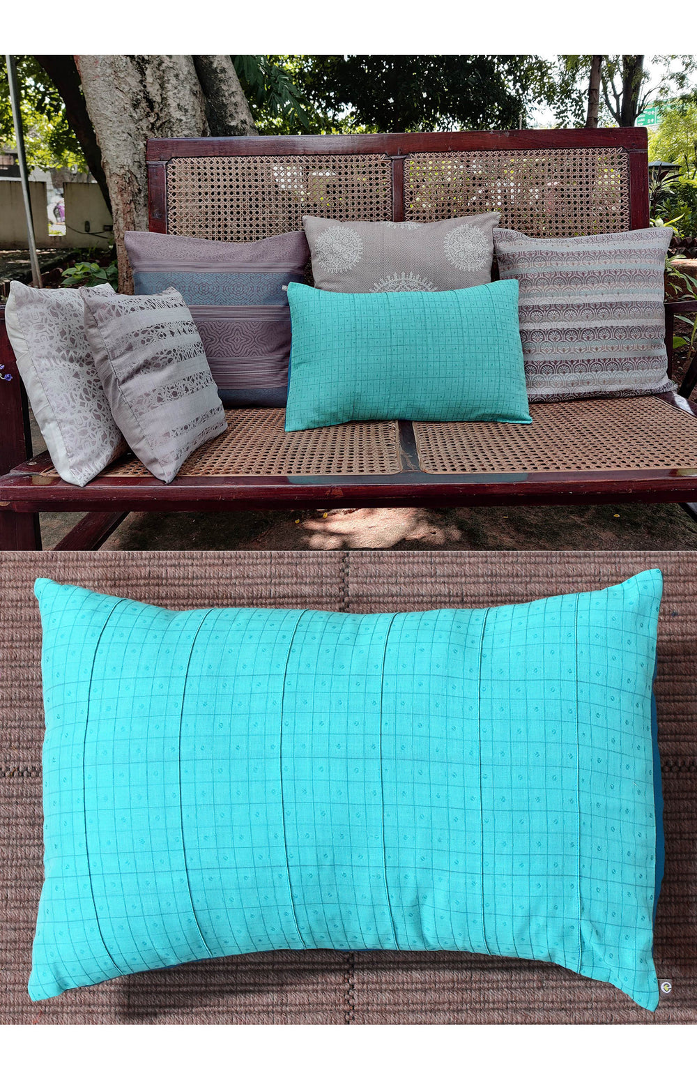 Blue - Checks with Pintucks Organic Cotton Cushion Cover 14