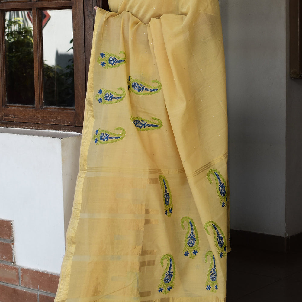 Yellow - Hand Embroidered Organic Cotton Saree