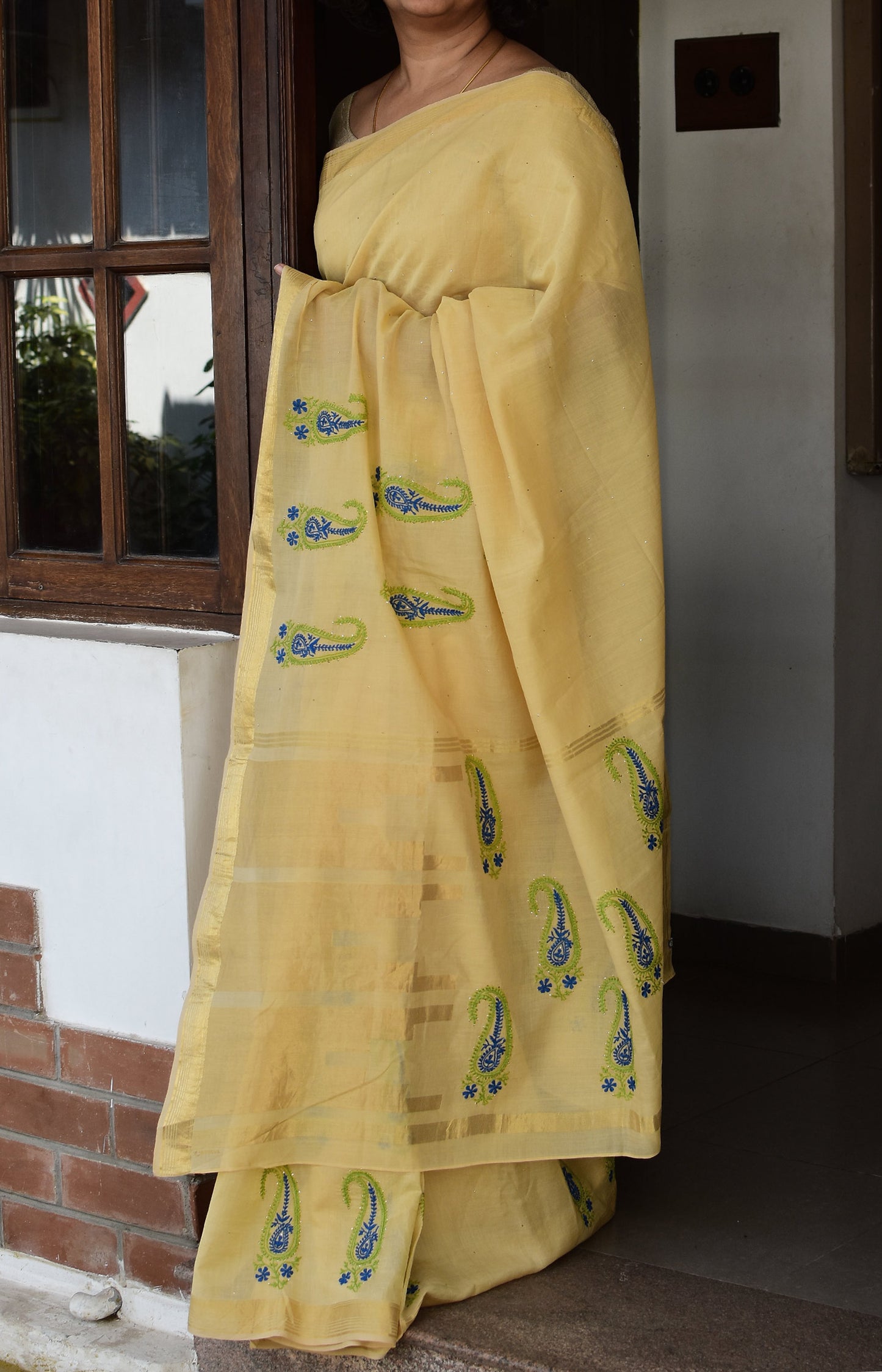 Yellow - Hand Embroidered Organic Cotton Saree