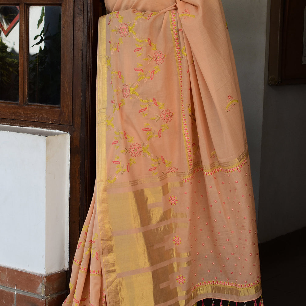 Peach - Hand Embroidered Organic Cotton Saree