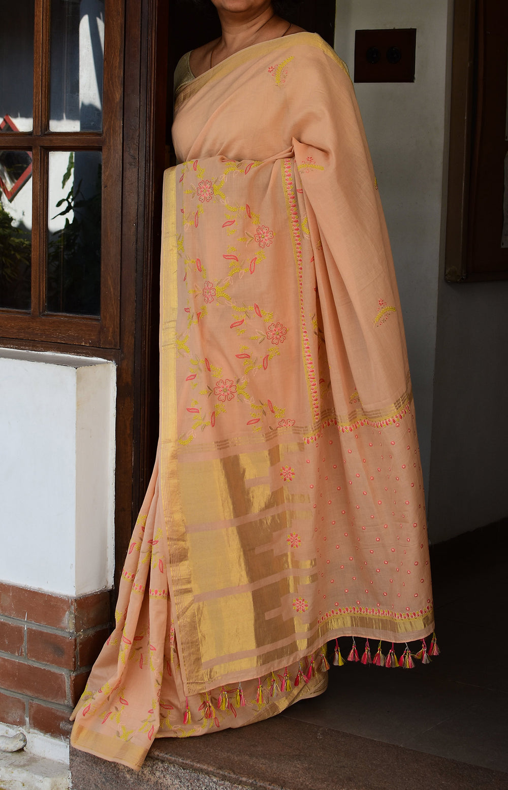 Peach - Hand Embroidered Organic Cotton Saree