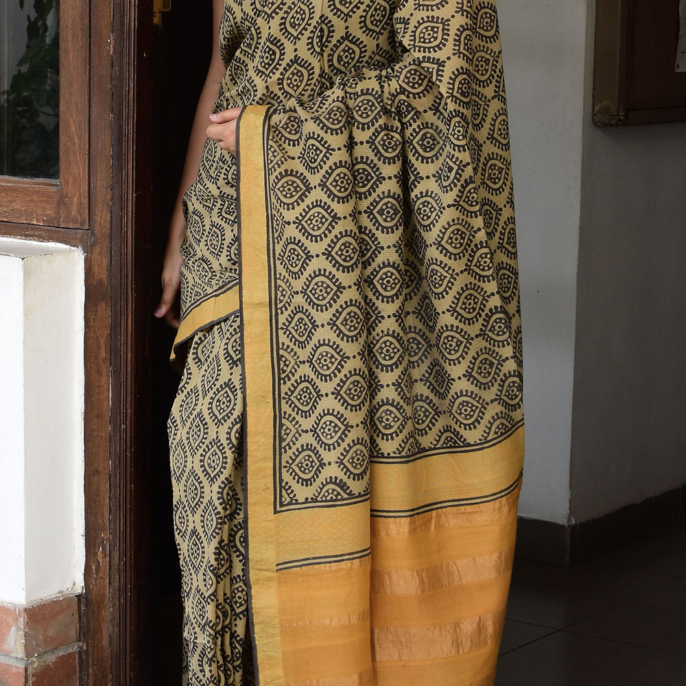 Cream - Screen Printed Organic Cotton Saree