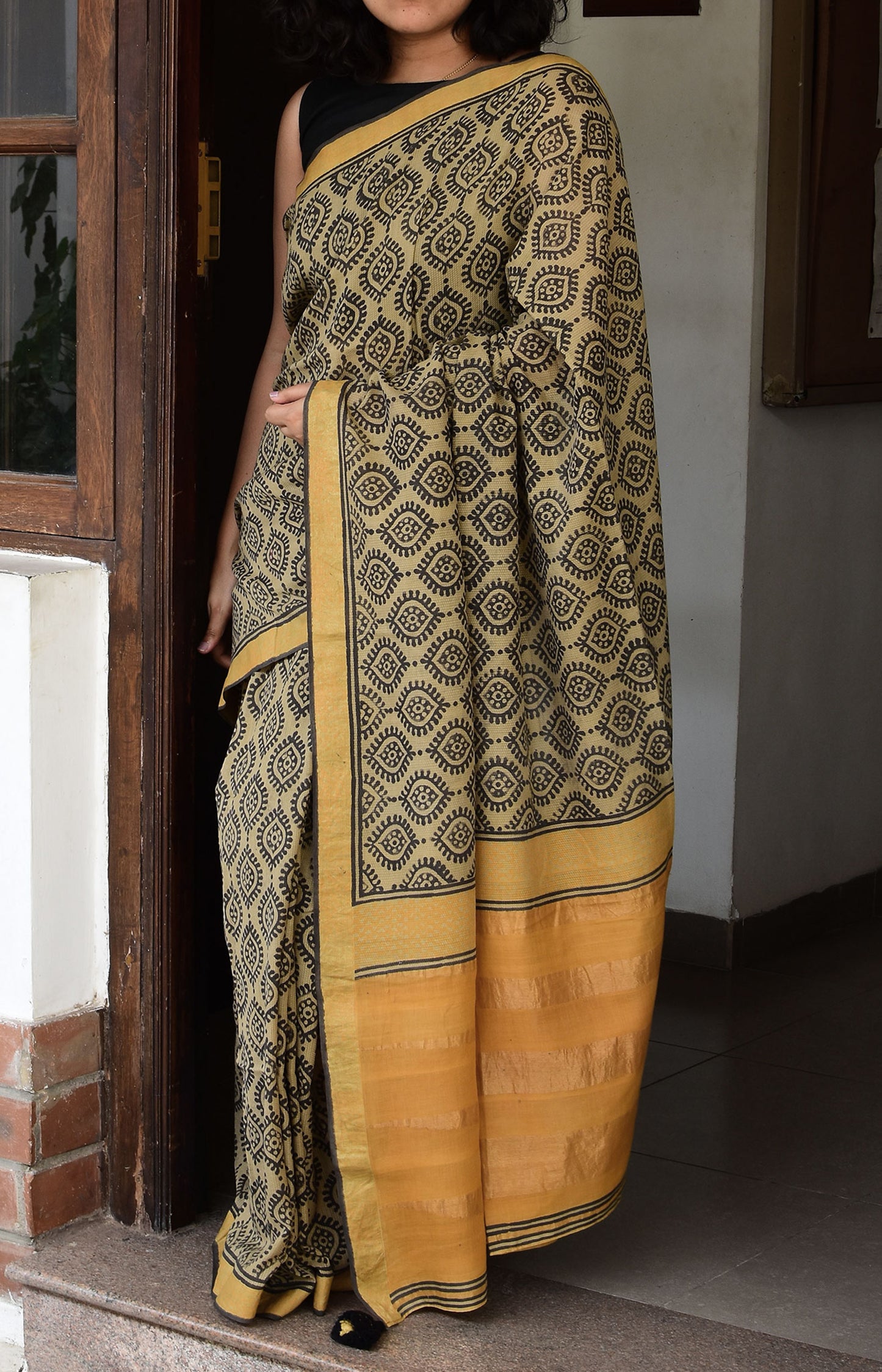 Cream - Screen Printed Organic Cotton Saree