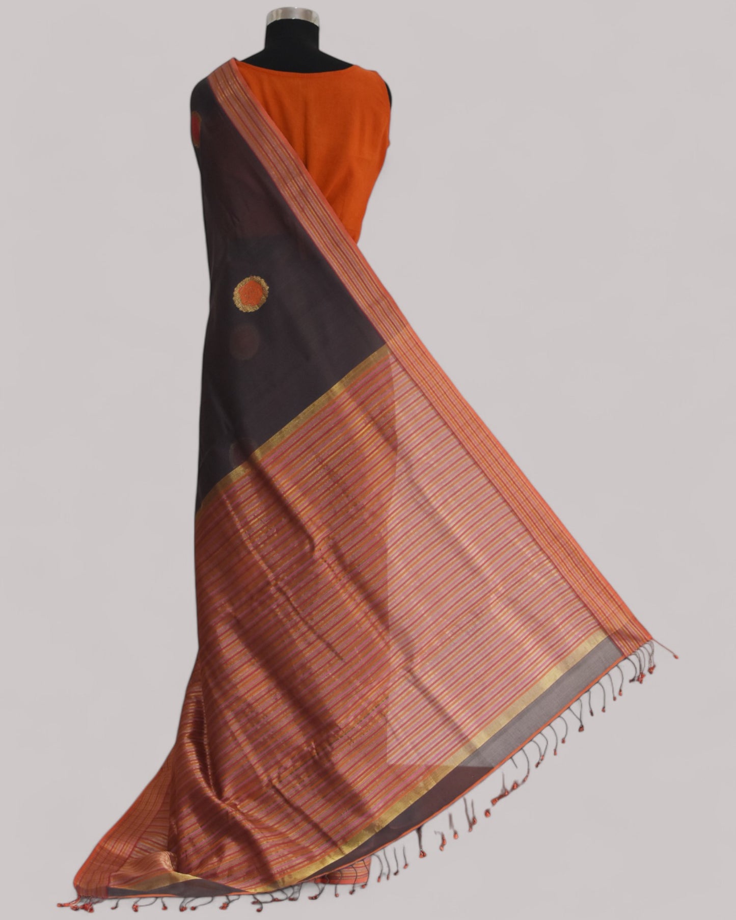 Brown-  Rose Butta Organic Cotton Saree