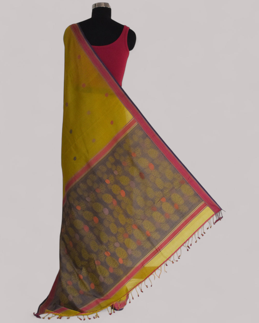 Olive Green - Cactus Motif Organic Cotton Saree