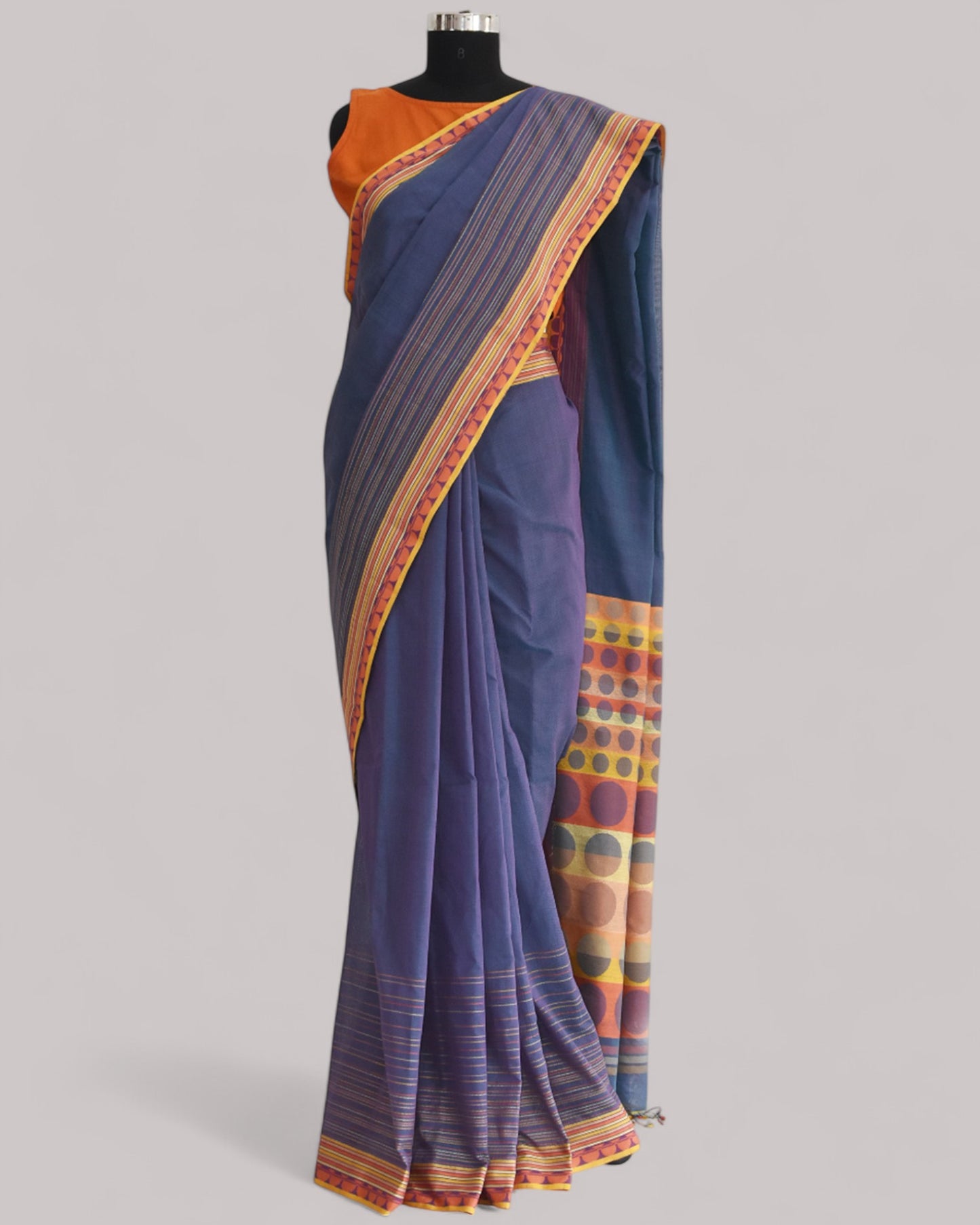 Bluish Purple - Circle  Motif Organic Cotton Saree